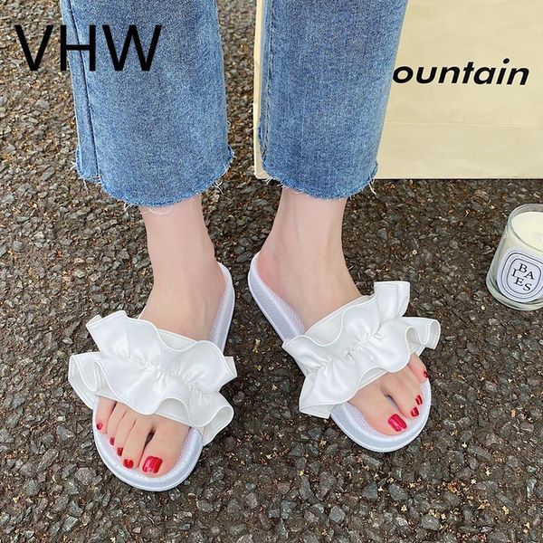 

women slippers 2021 summer casual beach shoes sandals fashion round toe flats flower pleated white elegant slides, Black