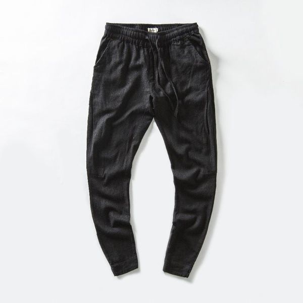 

men's pants 2021 brand linen men autumn causal fashion mens elastic loose trousers male solid broek pantalones drop, Black