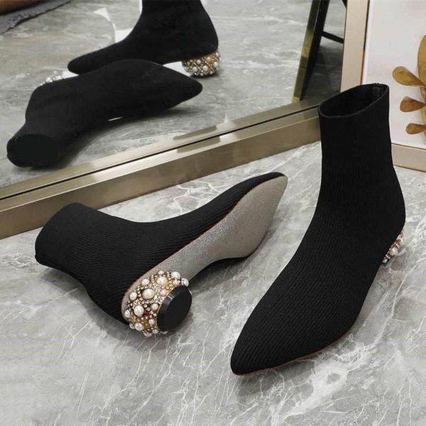 

boots fashion ankle women crystal pearl decor heels slip-on elastic female 2021 designer women's shoes, Black