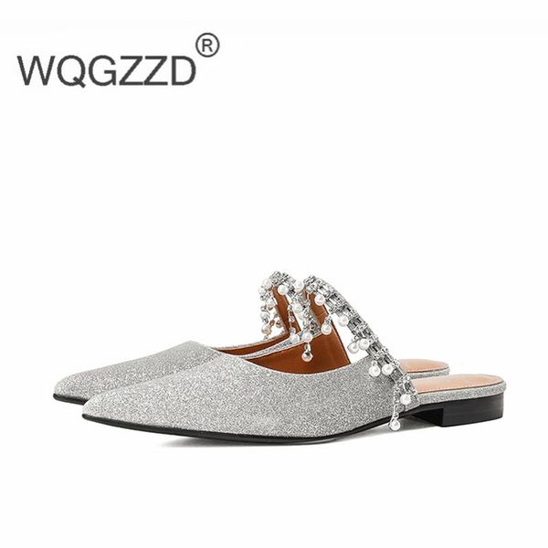 

slippers 2021 summer women's mules shoes genuine leather handmade rhinestone sweet dating ladies mujer, Black