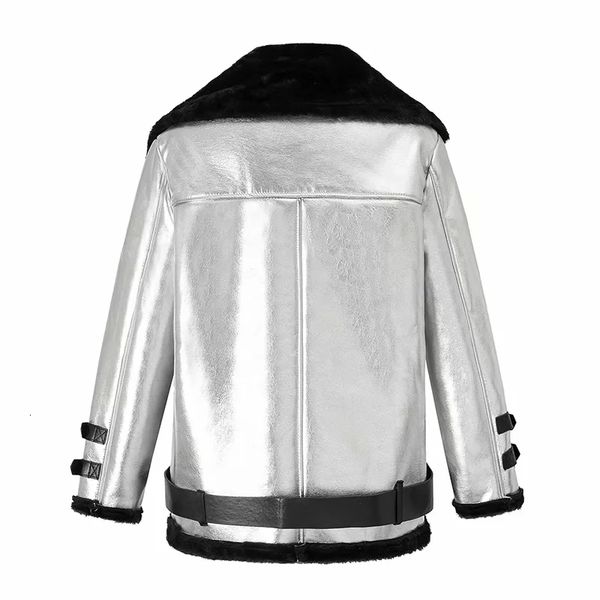 

silver bright fleece coats women winter thick warm jackets ladies casual faux leather oversize fur liner coat, Black