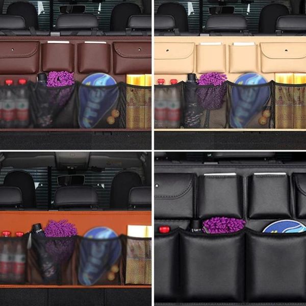 

car organizer universal rear back storage bag pu leather foldable net interior tidying trunk t6p7