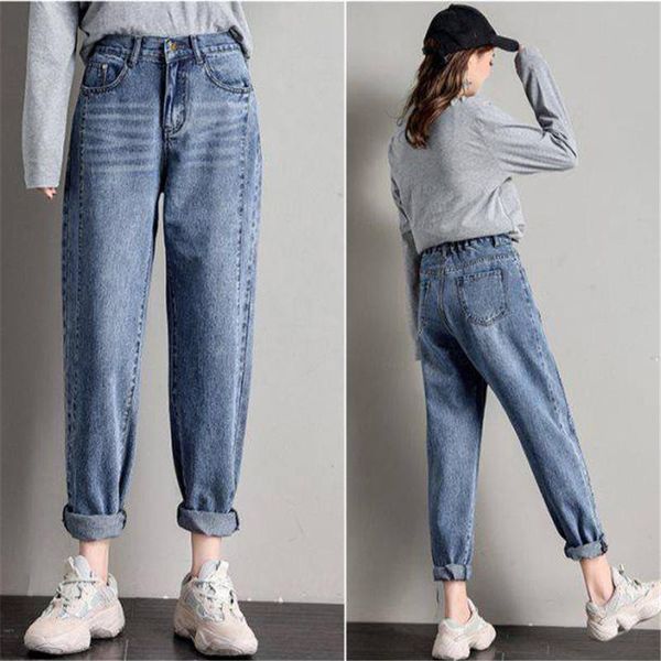 

women's jeans loose casual harlan 2021 female elastic high waist large ankle-length trousers mom light blue plus size denim pants women