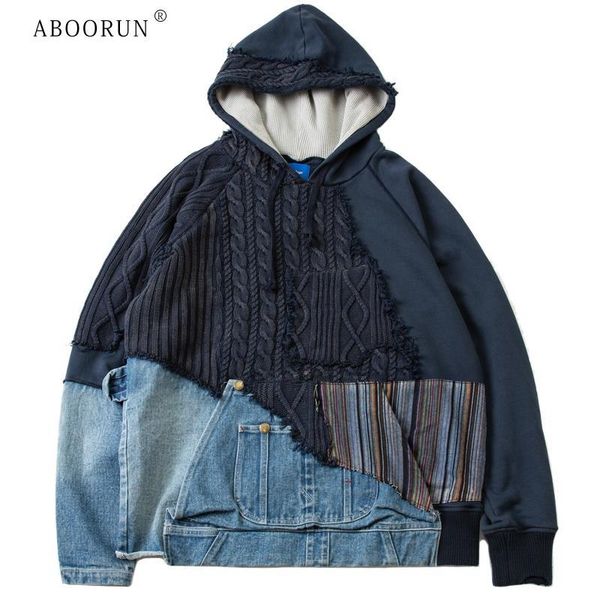 

men's jackets aboorun national twist sweater patchwork denim jacket streetwear loose cotton jean coat for male, Black;brown