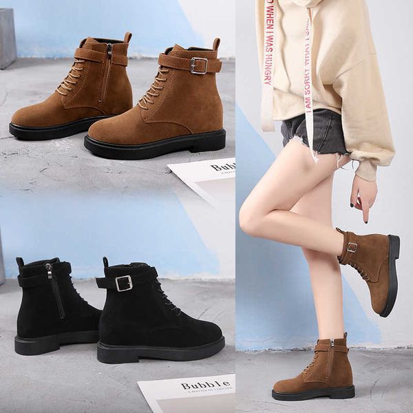 

2021 fashion new autumn and winter women's round head lace up word buckle martin boots flat bottomed suede boots children's batch, Black