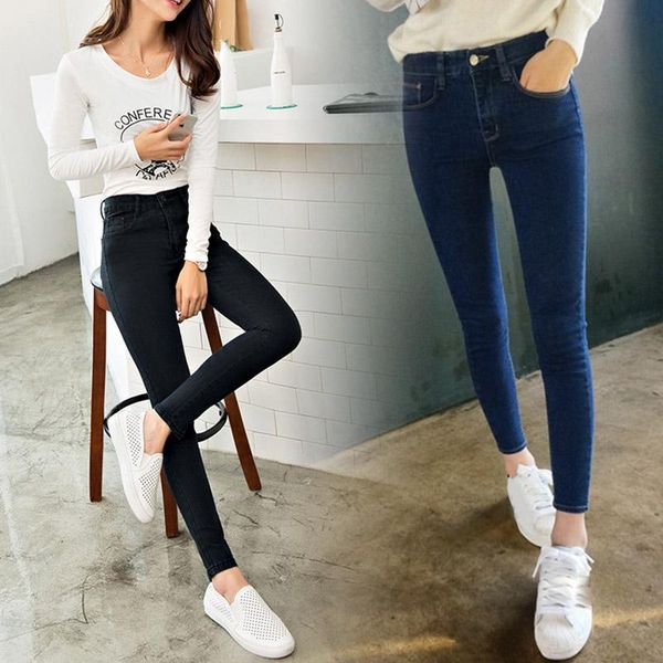 

womem jeans solid color slim fit elastic casual pencil h9 women's, Blue