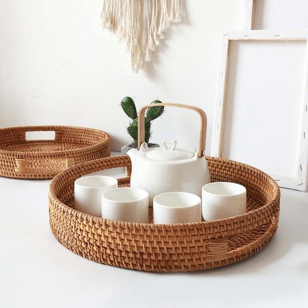 

vietnam hand-woven tray round handle creative storage basket living room