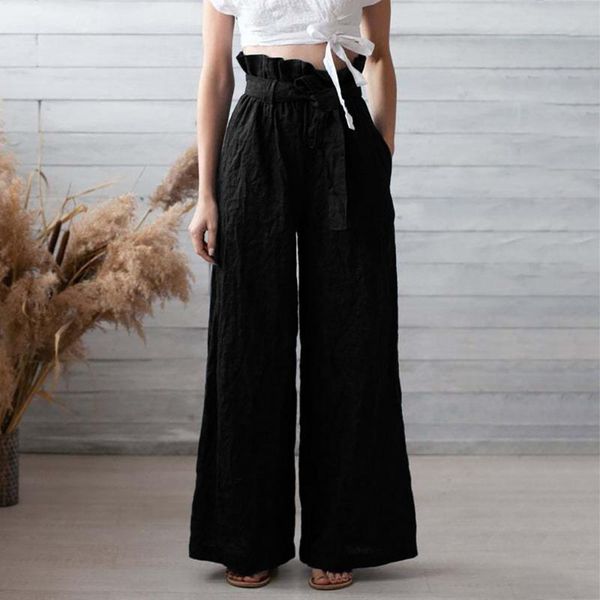 

women's pants & capris plus size 2021 women fashion solid loose wide leg ankle-length feminina high waist casual trousers #3, Black;white