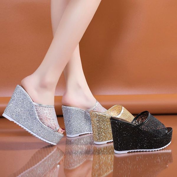 

on a wedge shoes woman 2021 slippers summer platform heeled mules pantofle peep toe high pu rubber cotton fabric slides blin, Black