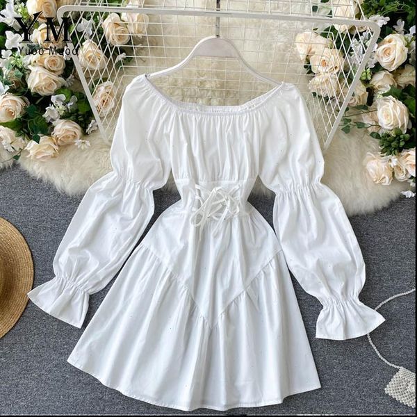

women dress early autumn retro gothic white black bandage mini off shoulder puff sleeve korean vestidos, Black;gray