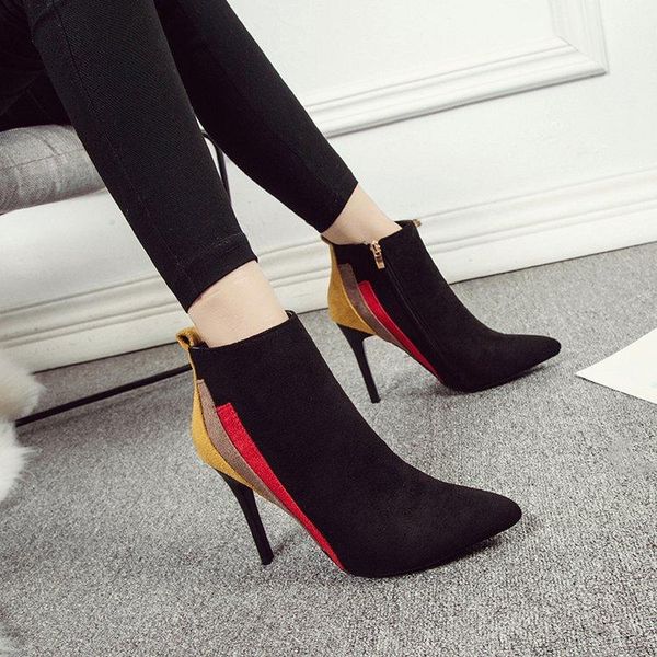

boots women's ankle high-heeled booties pointed shoes suede plus velvet single side zipper fine heel, Black