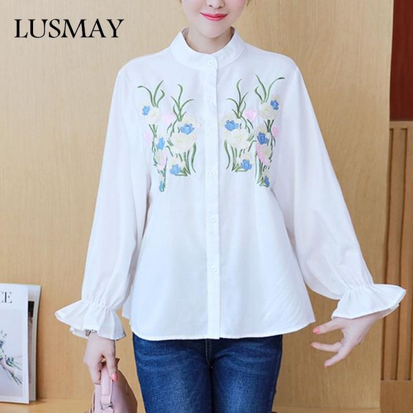 

women's blouses & shirts embroidery flare long sleeve women 2021 fashion spring collar cotton shirt casual blue white clothings