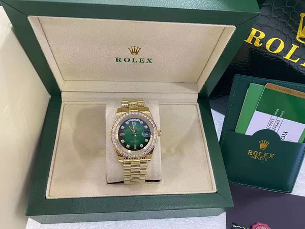 

2021 with original boxluxury fashion watches 18k yellow gold green diamond dial & bezel watch automatic men's watch wristwatch, Slivery;brown