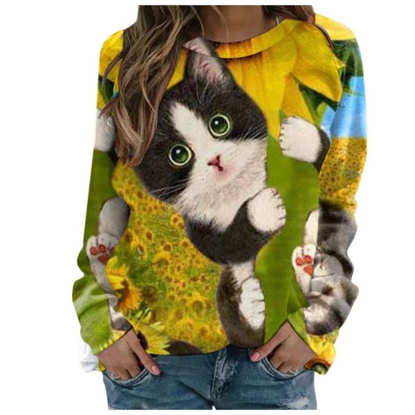 

women's hoodies & sweatshirts 2021 ladies lovely cat print sweater women's round neck pullover casual long-sleeved cute sweatshirt, Black