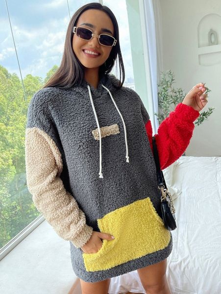 

color block drop shoulder drawstring teddy hoodie dress l9iq#, White;black