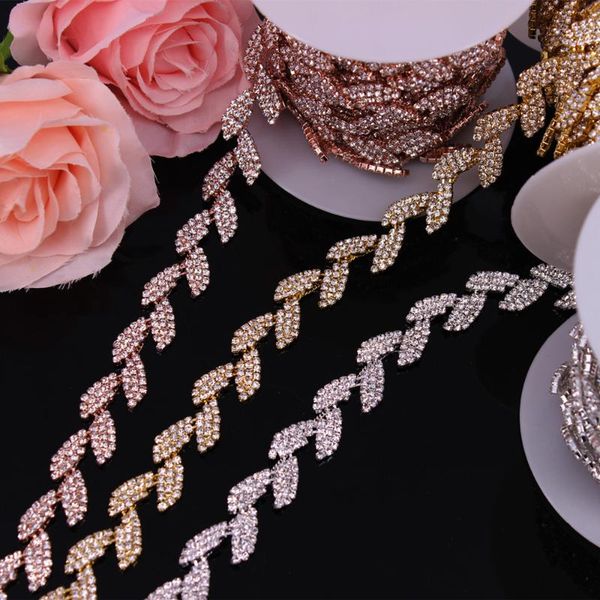 

wedding sashes 5yard/lot rose gold crystal dress belt bridal cup chain trim leaf shape rhinestone sew on dress,bags,shoes, White