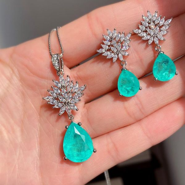 

earrings & necklace eyika gorgeous silver color water drop flower paraiba tourmaline zircon earring pendant women fine wedding jewelry set