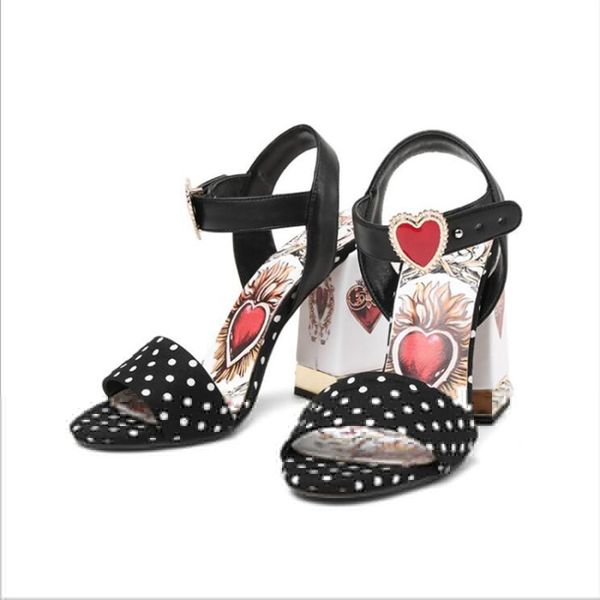 

summer women's sandals new style retro polka dot fabric with open toe thick high heels color matching heart print female 60% off store, Black