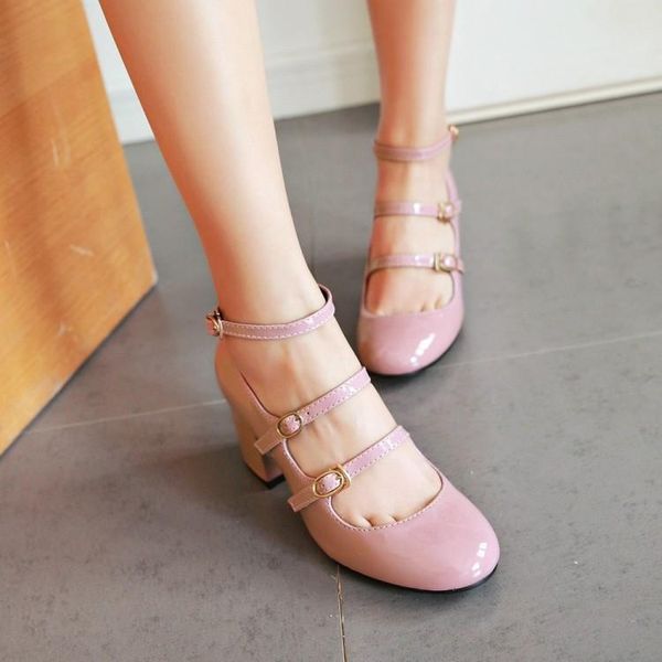 

dress shoes women chic patent leather mary janes block heel ankle strap buckle party round toe n65, Black