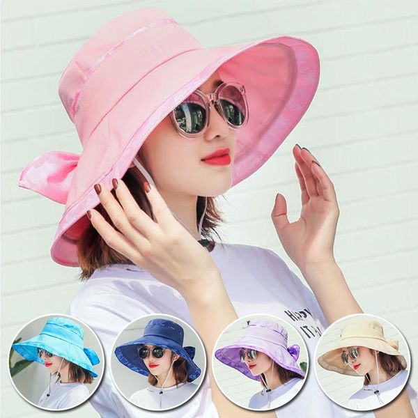 

wide brim hats fashion summer big sun hat women bowknot seaside beach windproof protection cap female outdoor anti-uv sunhat, Blue;gray