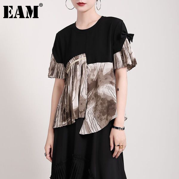 

[eam] women black spliced pleated bow print blouse round neck short sleeve loose shirt fashion spring summer 1dd8147 21512, White