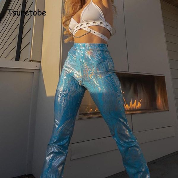 

women's pants & capris tsuretobe sequin print flare women autumn streetwear bodycon festival clothing slim casual high waist trousers, Black;white