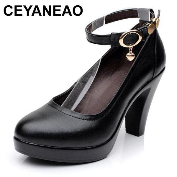 

women's high heel shoes female black pumps genuine leather strap work size 34-43e1488 dress