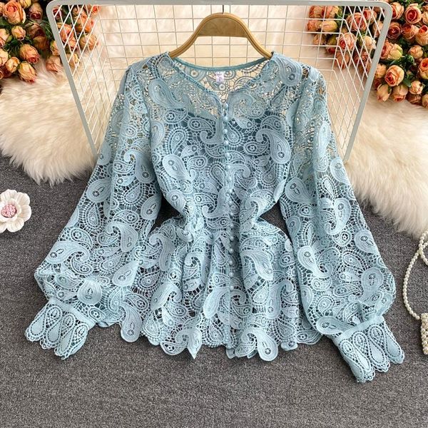 

women's blouses & shirts autumn super fairy girl o-neck hollow hook flower lace shirt france women fashion holiday casual long sleeve s, White