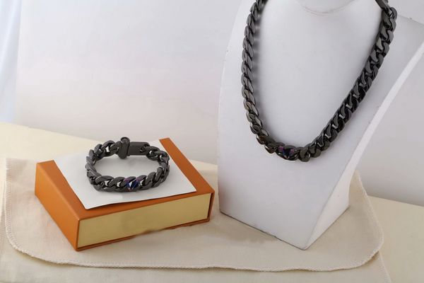 

europe america fashion style men titanium steel engraved v initials gold silver black-color hardware thick necklace bracelet with rainbow co