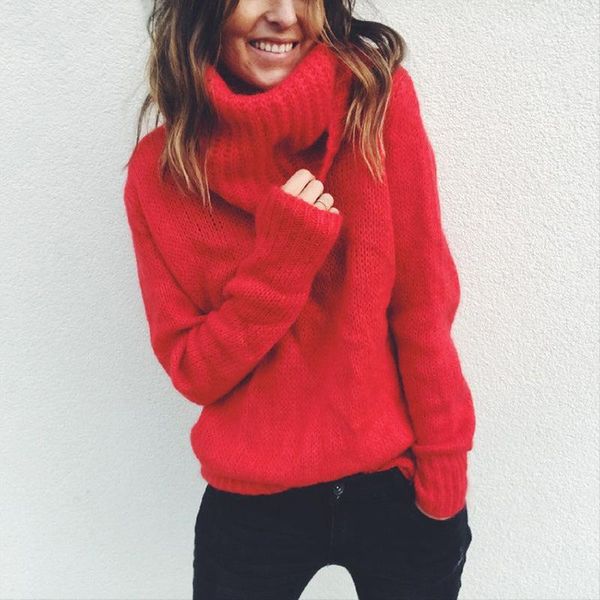 

women's sweaters casual loose autumn winter turtleneck sweater women oversize solid knitted warm long sleeve pullover black pink, White;black