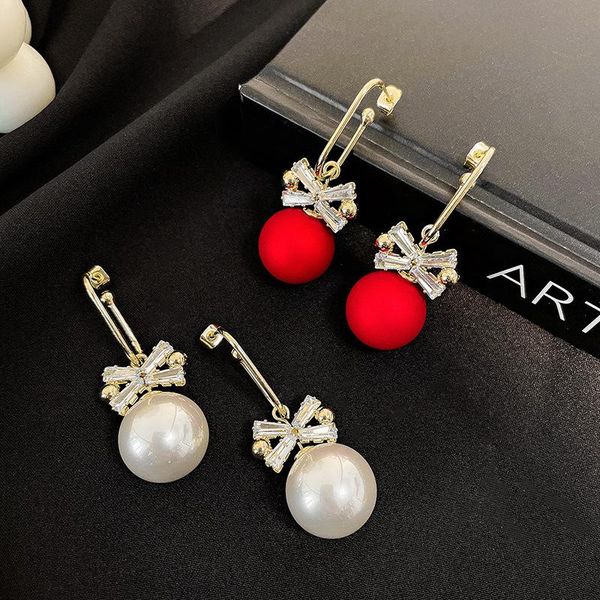 

luxury clear cubic zircon bowknot drop earring for women red/white simulated pearl wedding date jewelry dangle & chandelier, Silver