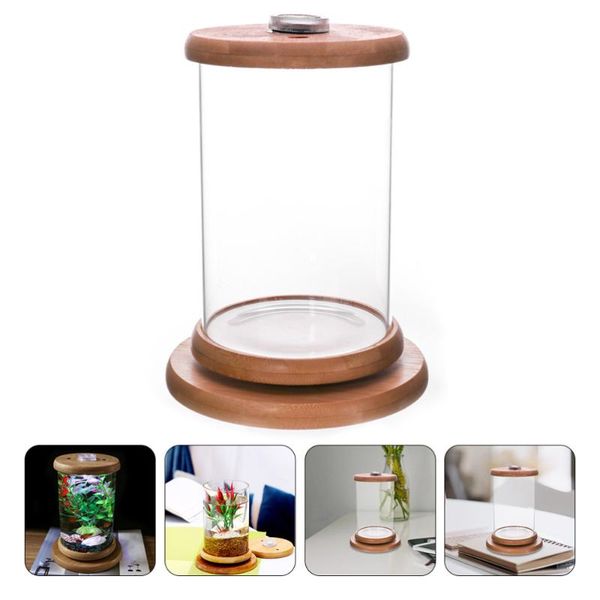 

aquariums 1pc rotated led fish aquarium bamboo base glass small tank tabledecor