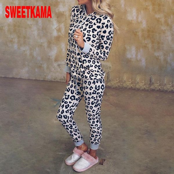 

women's two piece pants sweetkama coat home wear pajamas loose hooded long-sleeved printing fashion casual suit women 2 set clothing, White
