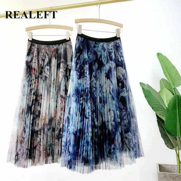 

vintage ink painting mesh women long skirts high waist harajuku umbrella female pleated skirt spring summer 210428, Black