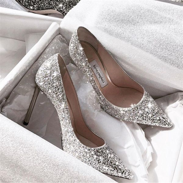 

dress shoes 2021 sequins woman pumps gold silver high heels women wedding stiletto ladies fashion, Black
