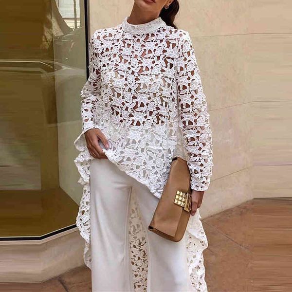 

spring and summer of flower hollow-out long-sleeved round-collar blouse lace shirt streetwear full stand loose shirts 210421, White