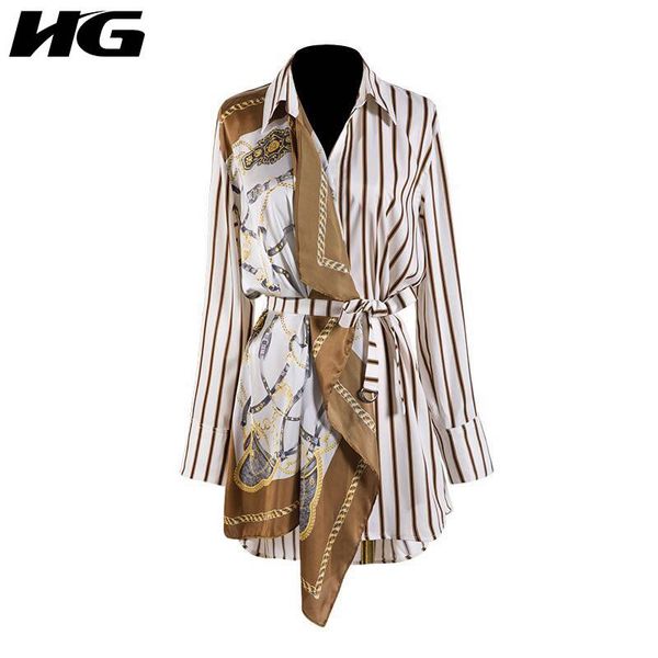 

women's blouses & shirts hg patchwork print pattern drawstring waist shirt women 2021 autumn casual fashion style temperament full slee, White