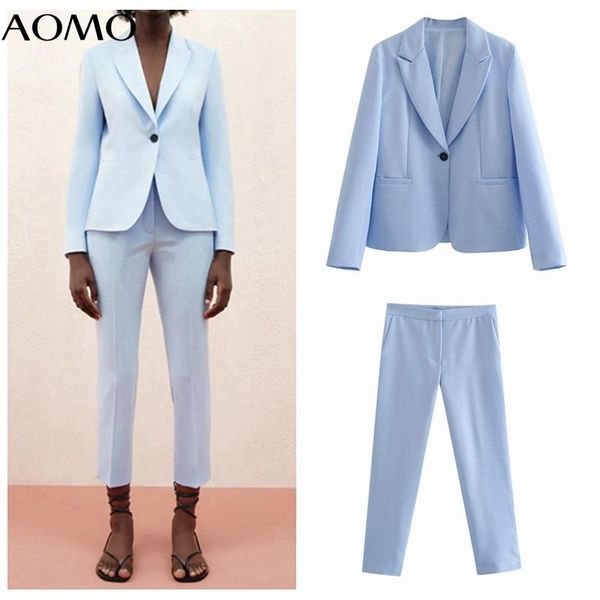 

women's two piece pants aomo set solid elegant blue blazer spring fashion suit 2 coat and qd72a, White