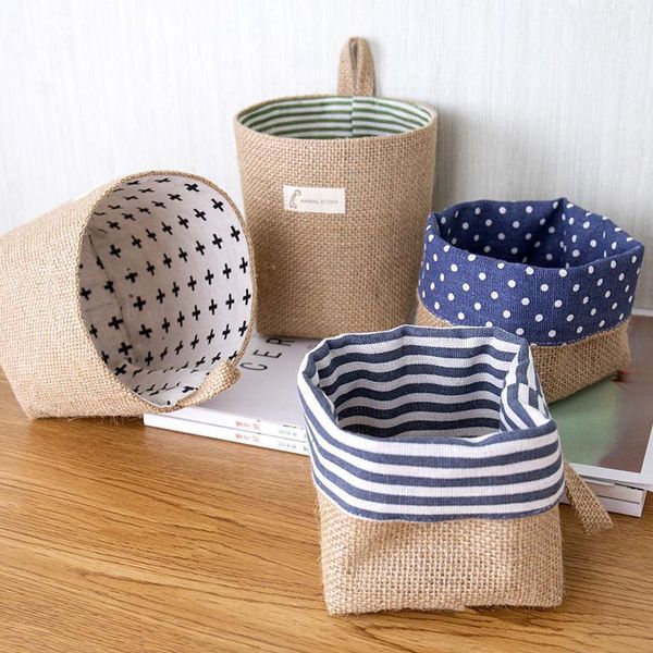 

tablecotton linen bag storage basket hanging fabric small sack sundries box with handle cosmetic bags
