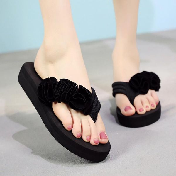 

slippers flip flops summer fashion women's flower clip toe non-slip wedges beach casual slip-on sandals, Black