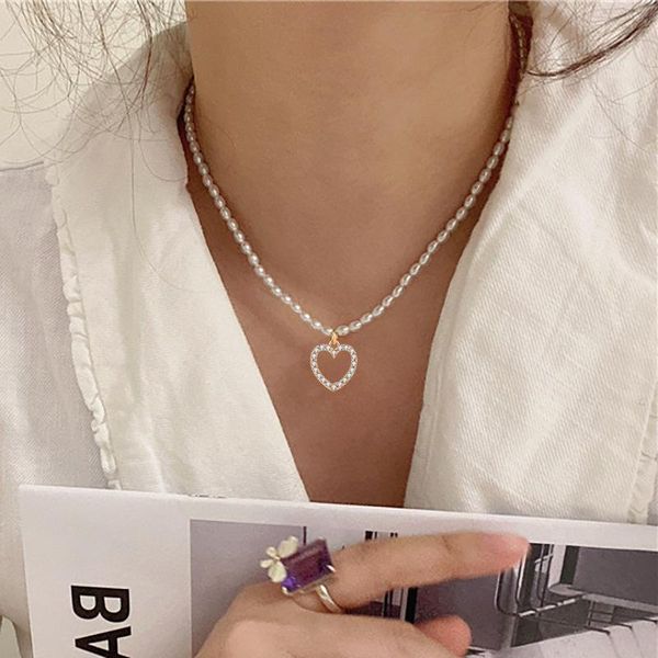 

chains 2021 fashion women elegant diamond heart pendant pearl beads chain necklace party jewelry, Silver