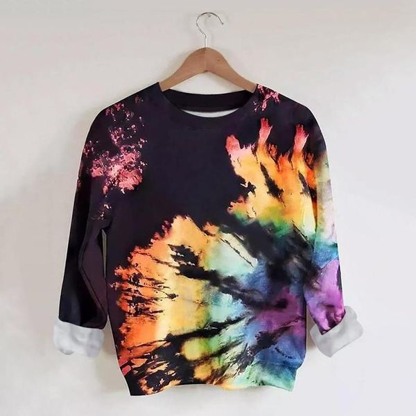 

women's hoodies & sweatshirts women crewneck fashion rainbow tie-dye print hoodie casual sweatshirt spring autumn long sleeve pullover, Black