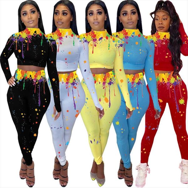 

7dn8540 autumn winter casual fashion womens pants splash ink print navel sports two piece set and tracksuit sweatsuit outfits, White