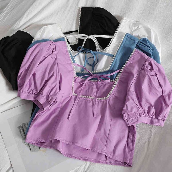 

retro elegant beaded square neck puff sleeves short shirts lady temperament spring summer korean women blouse 210420, White