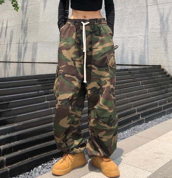 

tide retro casual pants baggy hiphop camouflage overalls loose women straight trousers large pockets bunched feet fashion girl clothing bott, Black;white