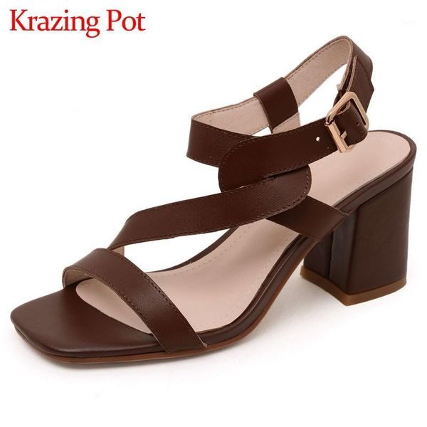

sandals krazing pot full grain leather handmade square toe heel simple style solid young lady dating women l111, Black