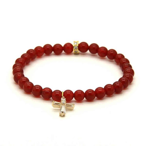 

wholale 10pcs/lot summer bracelets 6mm grade natural red agate with clear cross cz beads bracelets, Golden;silver