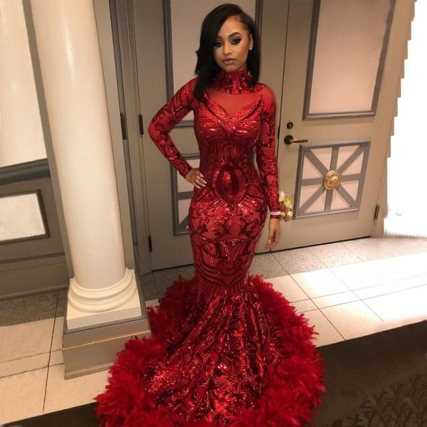 

women mermaid red sequins lace feathers prom dress with sleeves long vestidos de gala party dresses, White;black