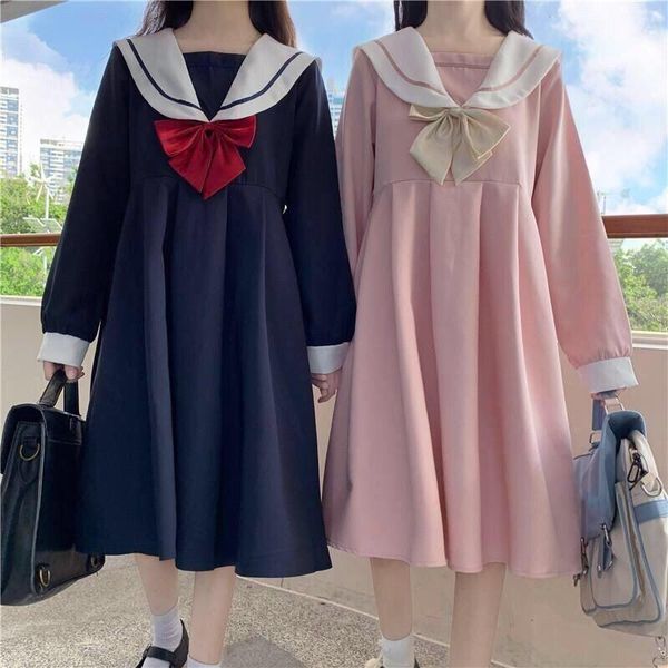 

casual dresses magogo navy collar black dress female korean loose waist japanese college style long, Black;gray