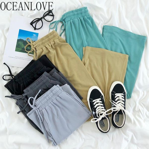 

women's pants & capris oceanlove summer candy color ropa mujer elastic high waist fashion women solid 2021 wide leg trousers 16749, Black;white